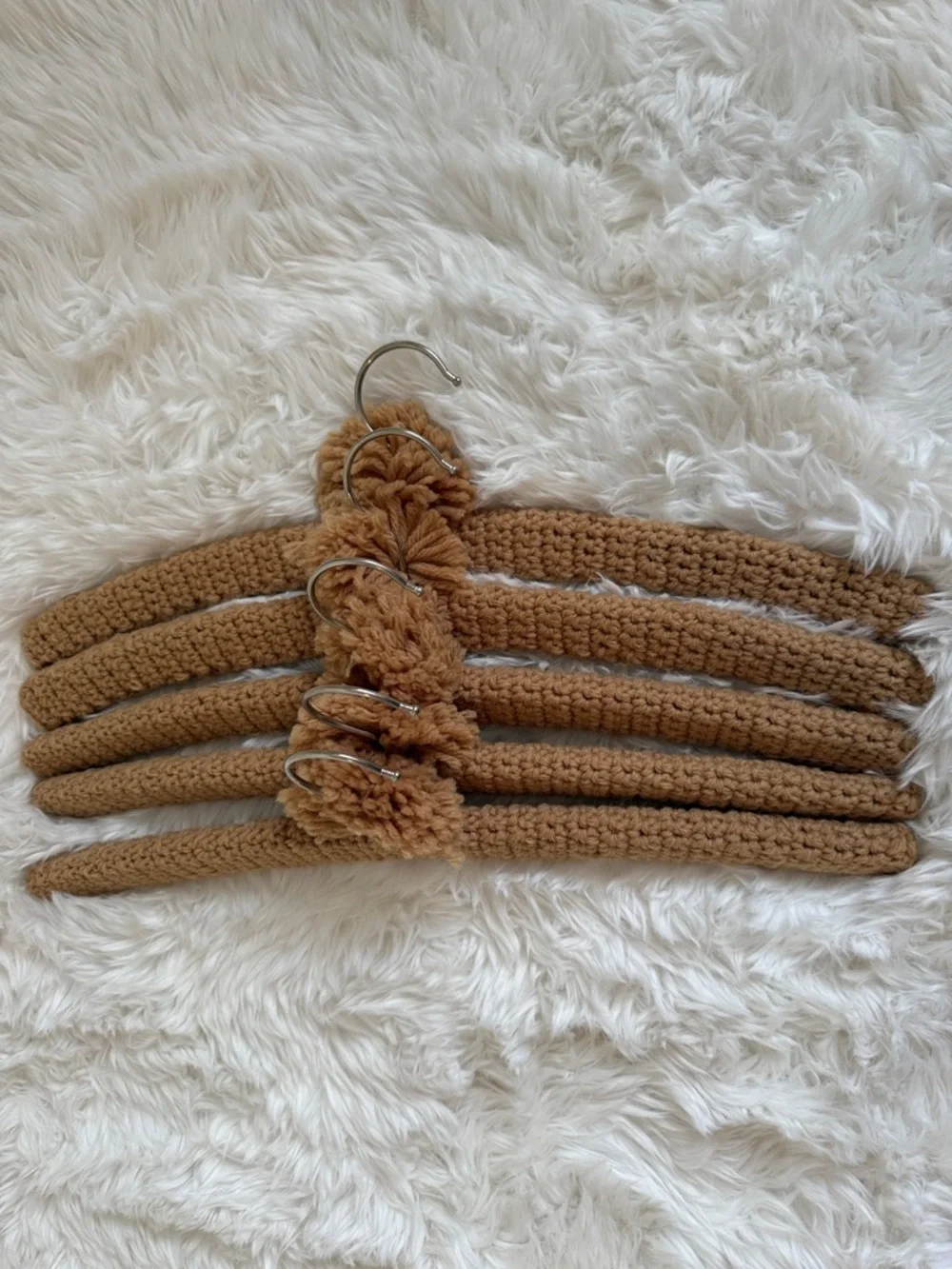 Set of 5 Camel Crochet Velvet-Covered Coat Hangers with Pom Trim